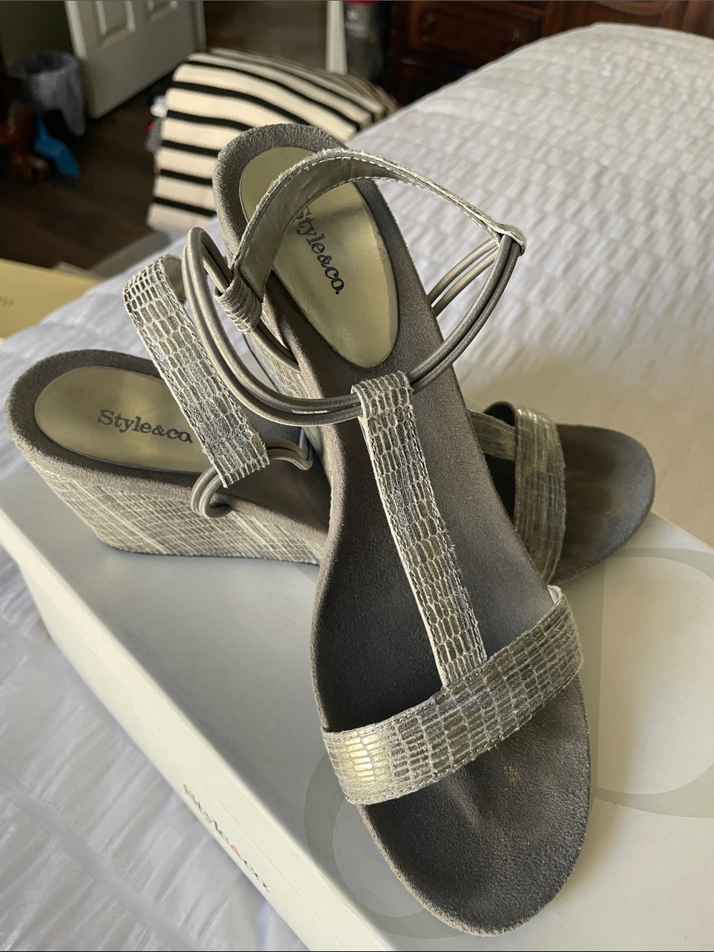 Style & Co. Silver Metallic Strappy Wedge Sandals